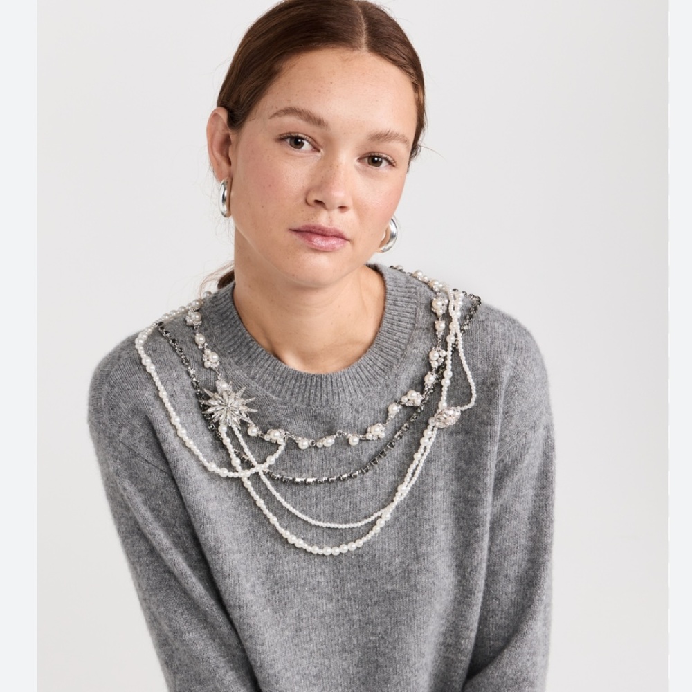 CINQ À SEPT Lilliana Necklace Detail Wool Blend Pullover Sweater in Grey Sz Sm